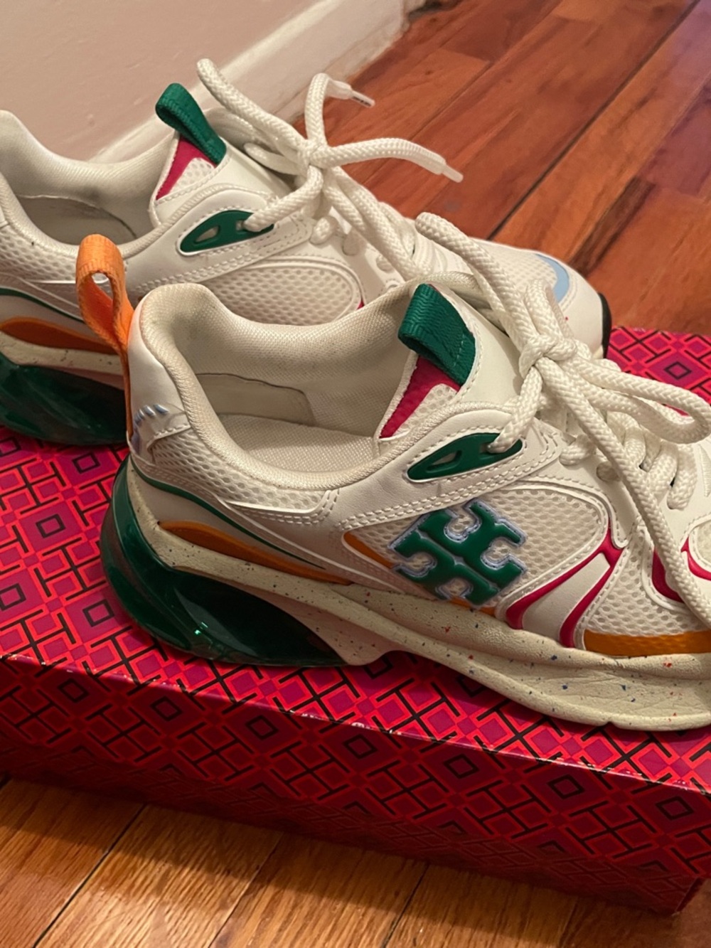 Tory Burch Good Luck Trainer Mesh New Ivory/Green/Orange